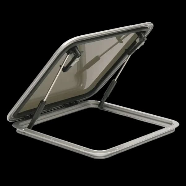 Bomar A&P Series Low Profile 15 3/4″ x 30 3/4″ Rectangle Extruded Aluminum Hatch - Color: White | Lens Color: Smoked | Hinge Type: Internal Plastic