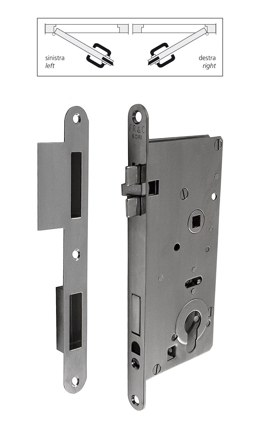 Mortise lock with striker and hole for security cylinder