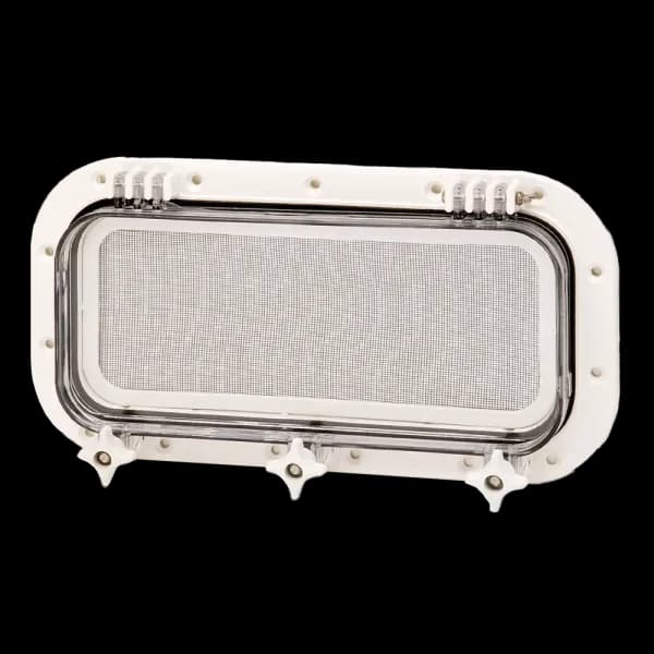 Bomar Gray Series 5″ x 12″ Rectangle Opening Molded Portlight w/ Angled Drain - Drain: Angled Drain | Color: Black | Lens Color: Smoked