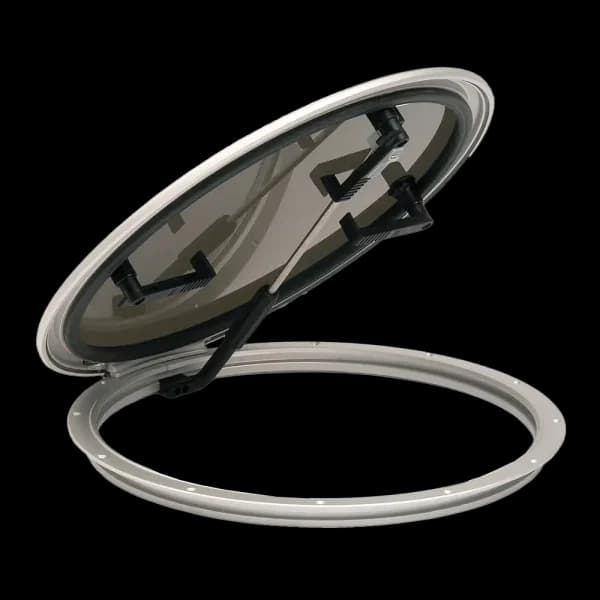 Bomar A&P Series Low Profile 16 9/16″ Dia Round Extruded Aluminum Hatch - Color: White | Lens Color: Smoked | Hinge Type: Internal Plastic